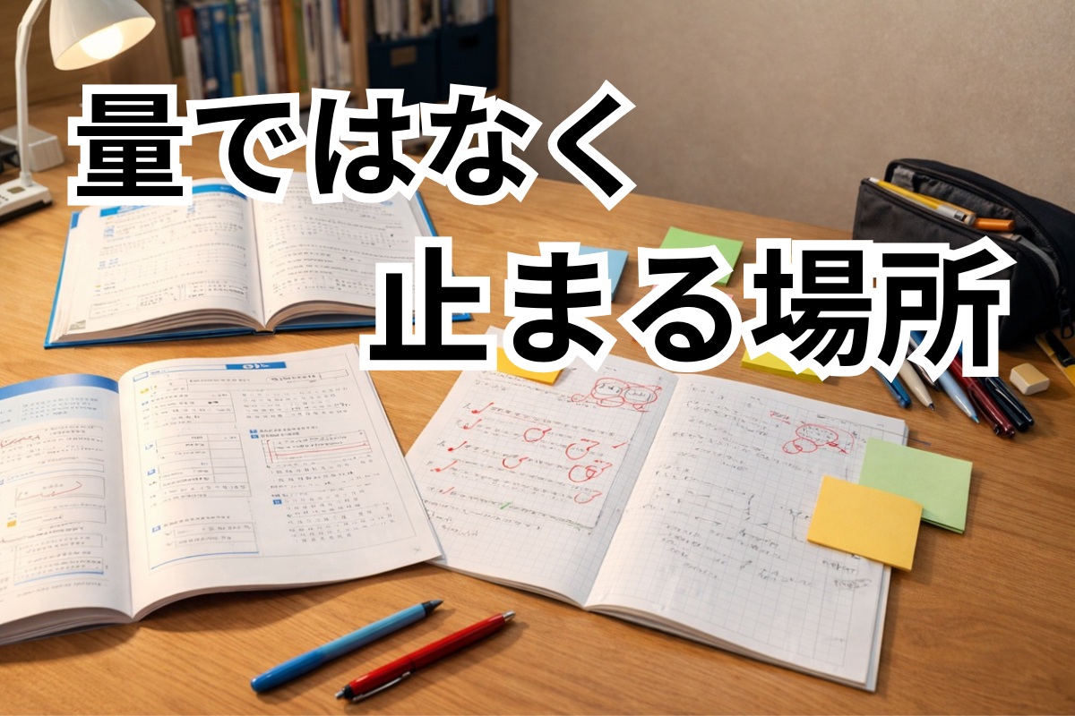 勉強量はあるのに、どこで止まっているかが整理されていない学習机の様子