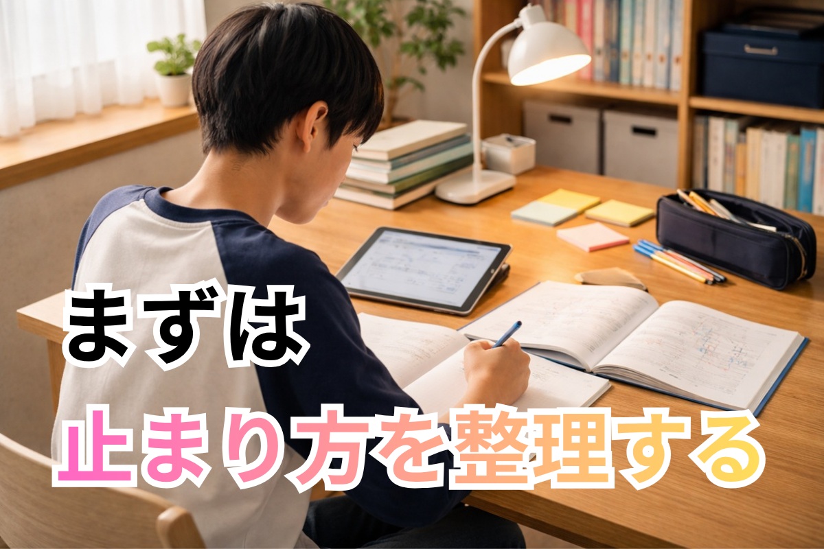 中学生が整理された学習環境で次の一歩を始めようとしている様子
