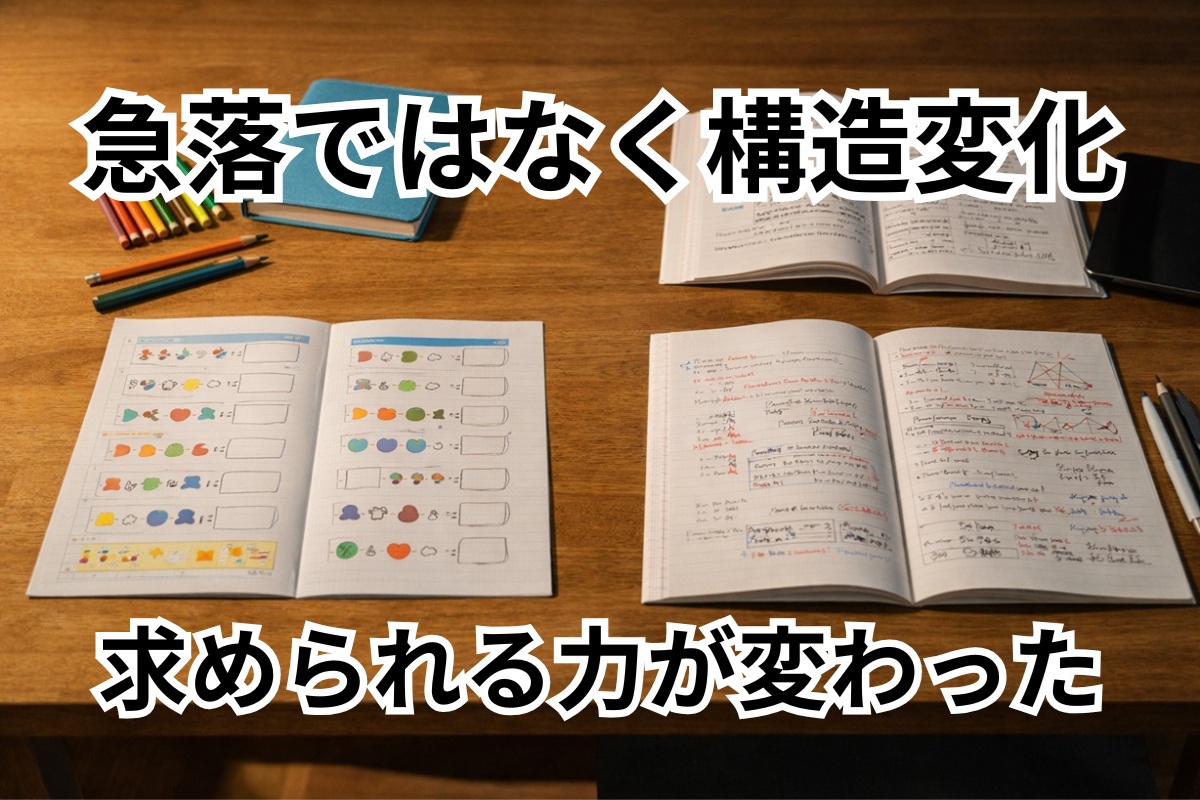 小学生の学習内容と中学生の記述・応用中心の学習内容の違いを表した机上イメージ