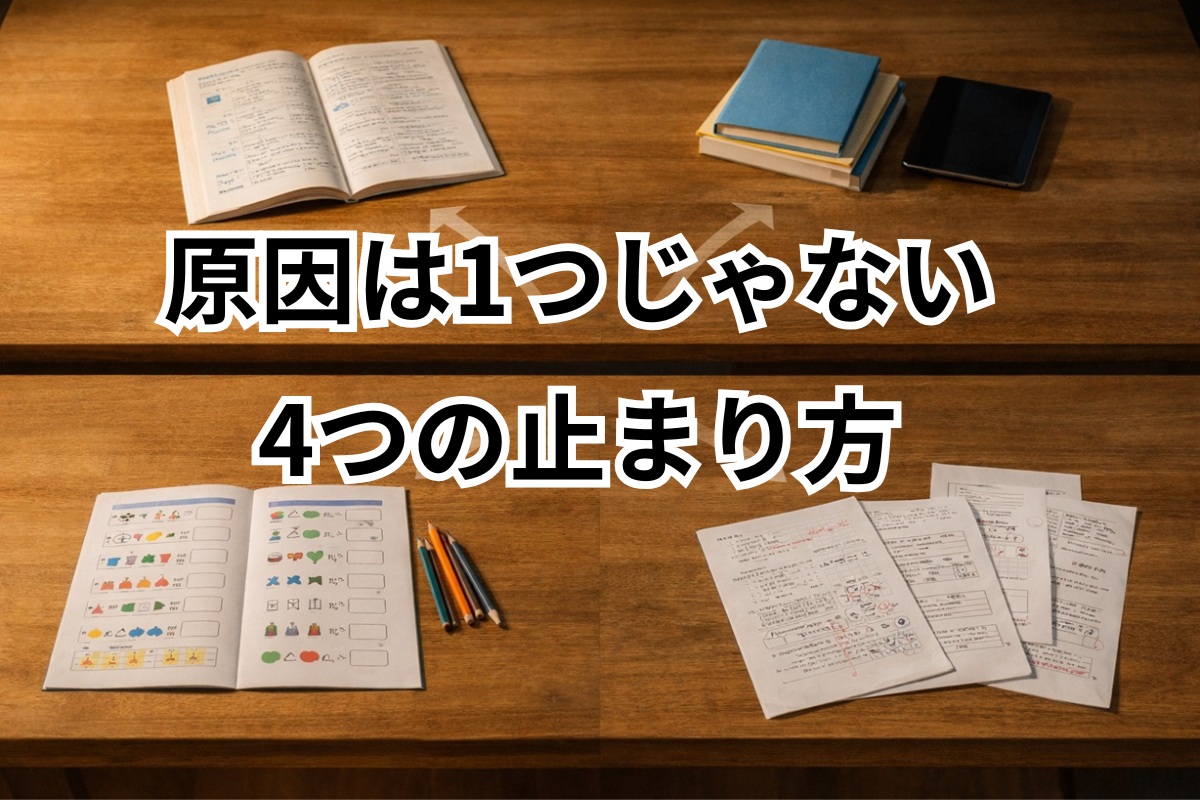 中学生の成績低下が4つの止まり方に分かれることを表した学習机の分岐イメージ