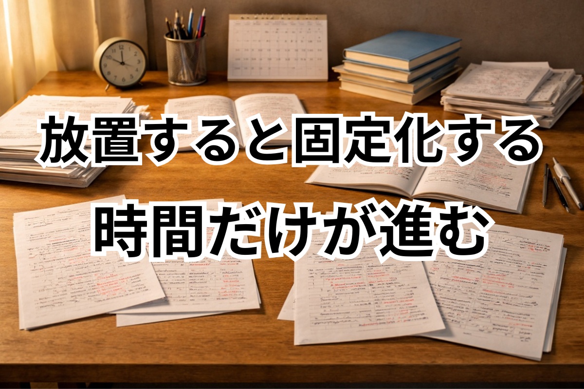同じようなテスト結果や学習の停滞が続き、時間だけが過ぎていく様子を表した机上イメージ