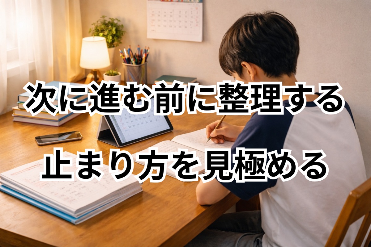 学習の止まり方を整理して次の一歩を始めようとしている中学生の家庭学習風景