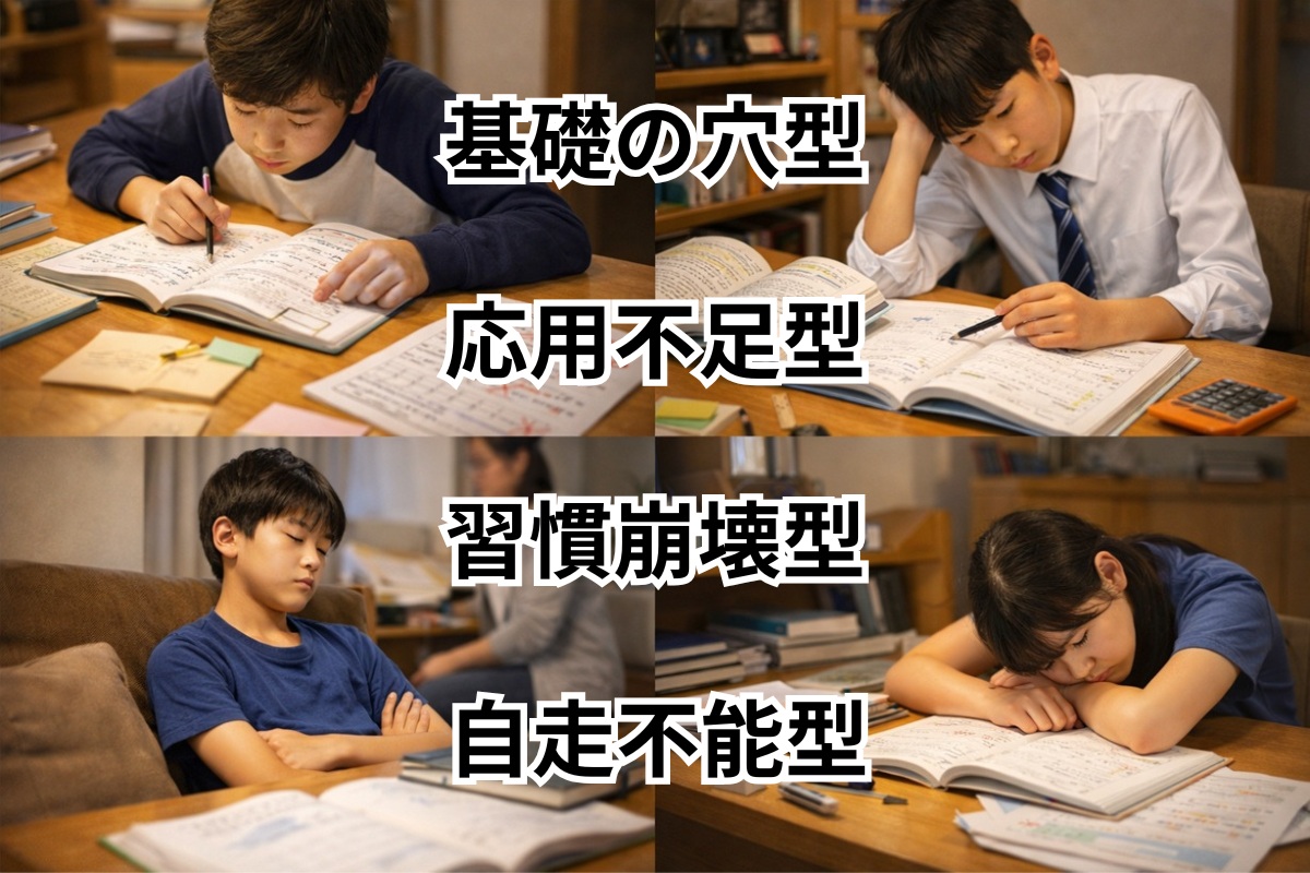 中学生の成績が伸びない4つの止まり方を表した比較イメージ