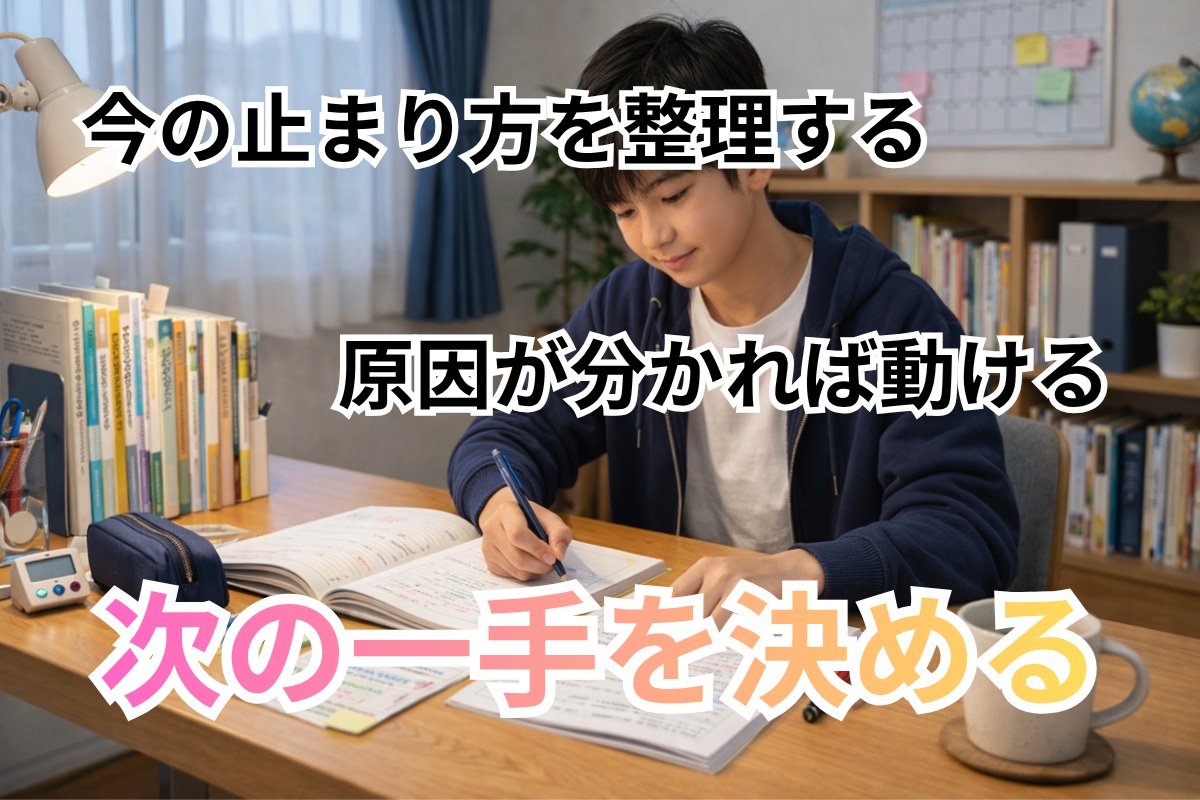 原因を整理して次の一歩を始めようとしている中学生の学習机