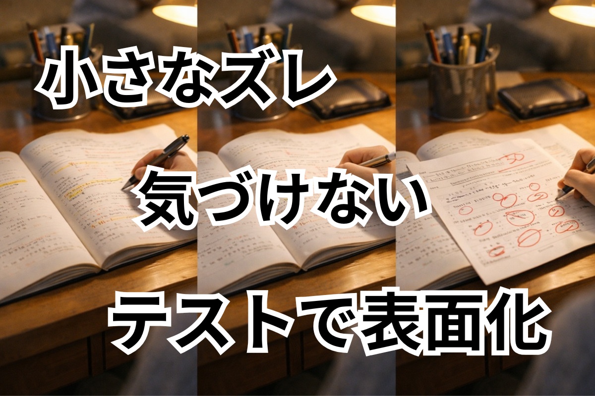 見えない学習のズレがテスト結果で表面化する流れを示した家庭学習イメージ