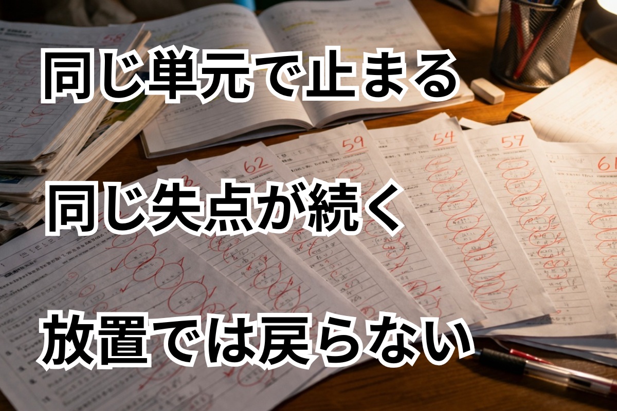 同じ失点パターンが繰り返されていることを示すテストとノートの机上イメージ