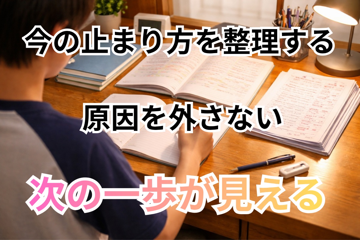 成績低下の原因を整理して次の一歩に進もうとしている中学生の学習机イメージ