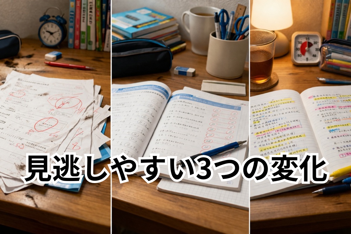 提出物の質低下、やっただけ学習、暗記寄りの勉強を示す家庭学習机の比較イメージ