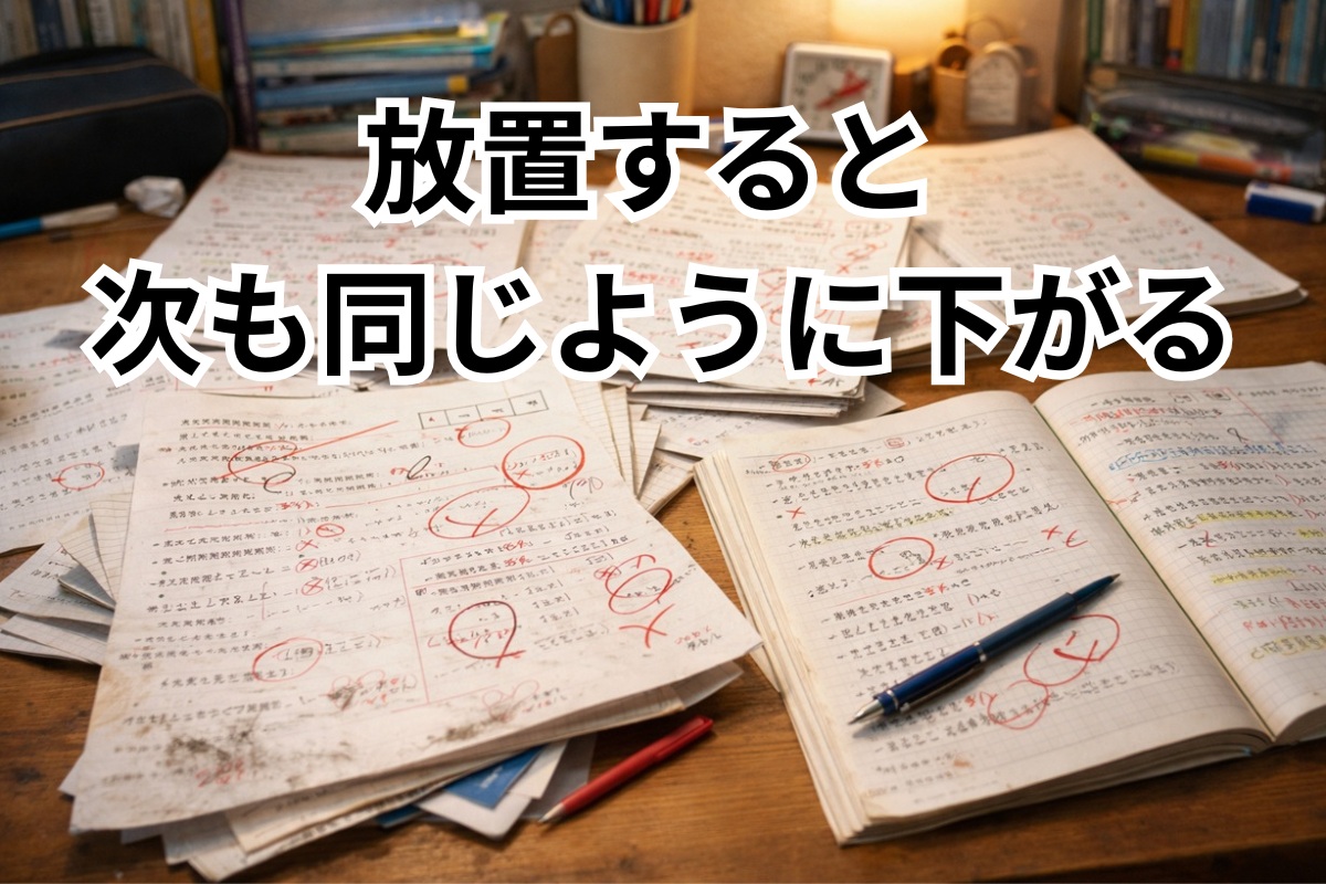 同じ場所で失点が続き、成績低下が固定していく家庭学習机のイメージ
