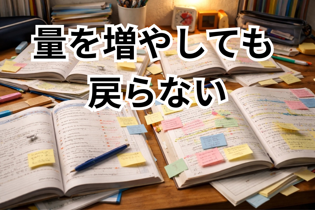 勉強量は増えているのに整理されず成果につながっていない家庭学習机の様子