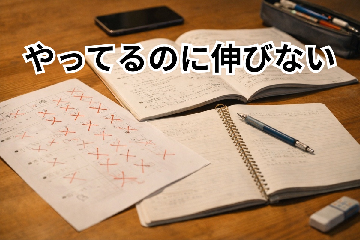 勉強しているのに結果が出ていない中学生の机