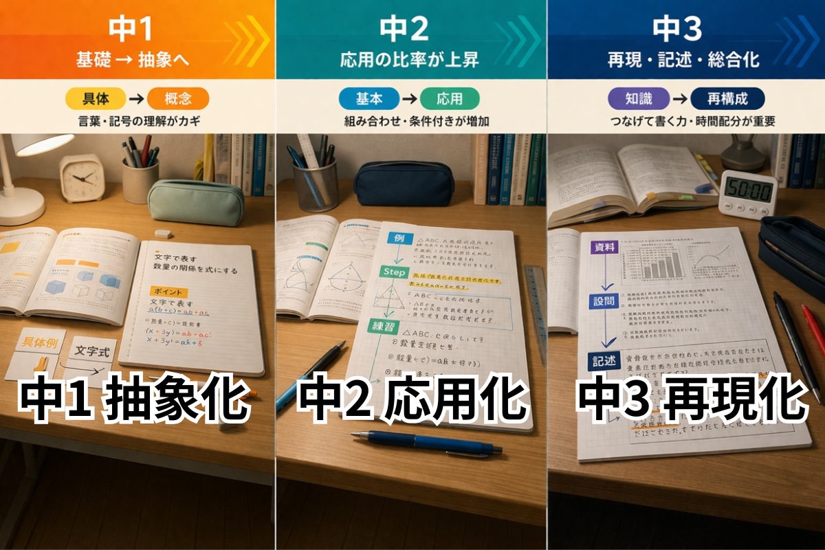 中1中2中3で学習の難しさの質が変わることを表した比較イメージ