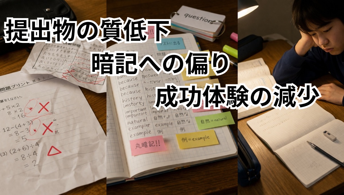 成績低下の前兆である提出物の雑さと暗記偏重と成功体験の減少を表したイメージ