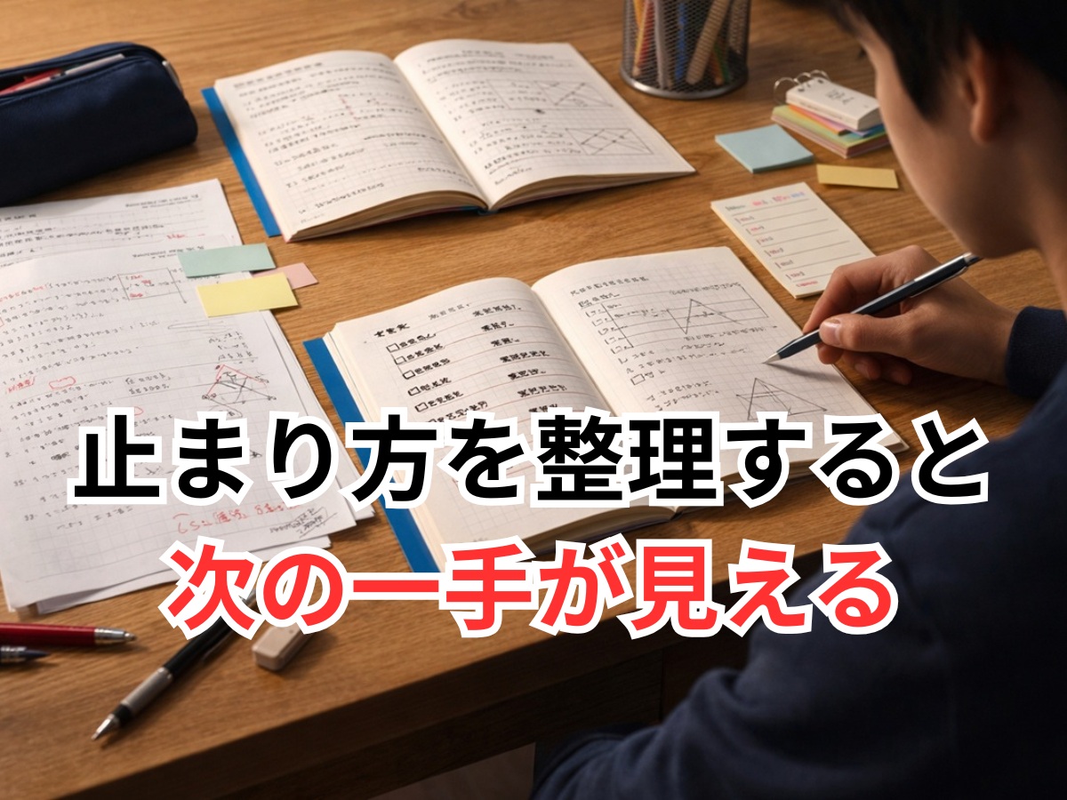 学習の問題点を整理して次の一歩を始めようとしている中学生の机