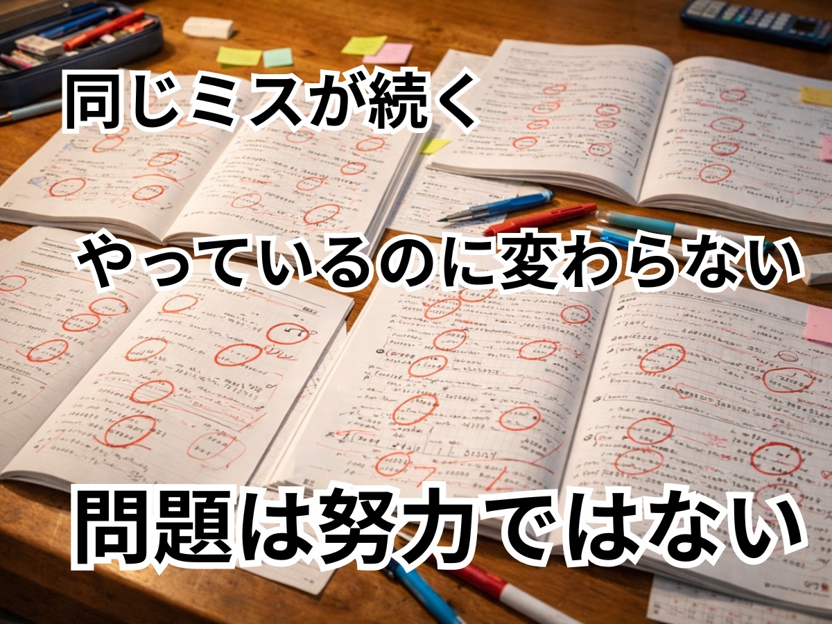 同じようなミスが残ったままのワークやテストが並ぶ学習机