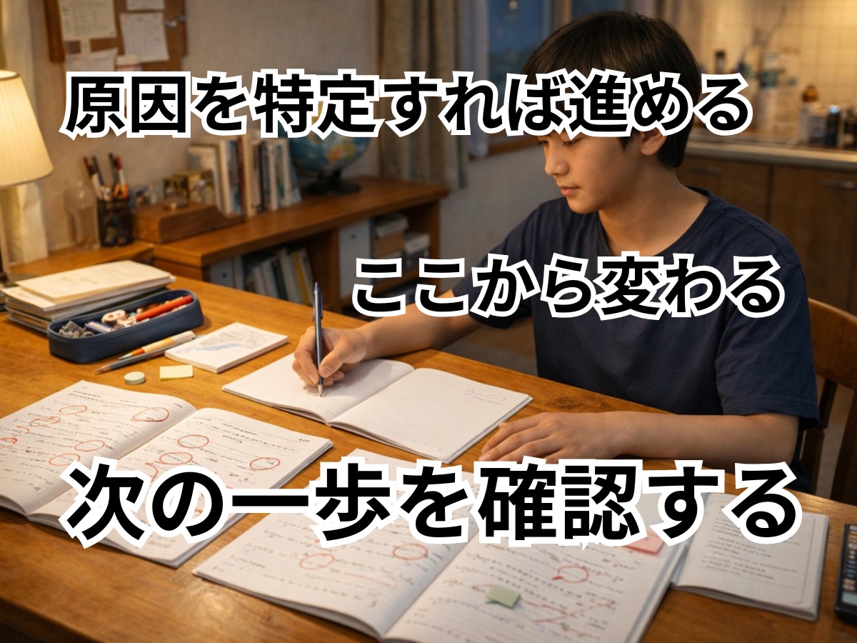 ノートやワークやテストが整理され次の一歩を始めようとしている中学生の学習机