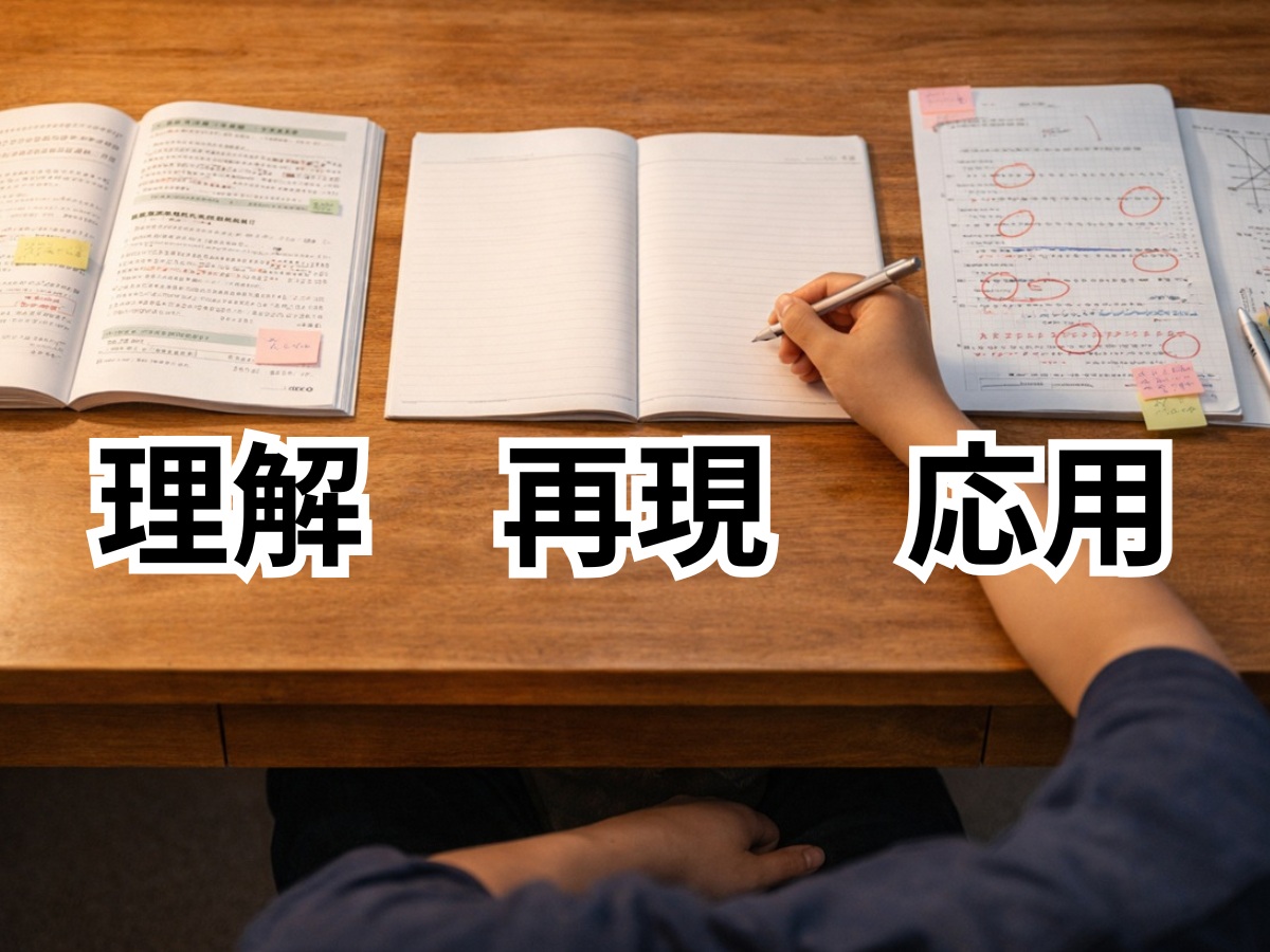 理解と応用の間に再現工程が抜けている学習の流れを表す机上イメージ