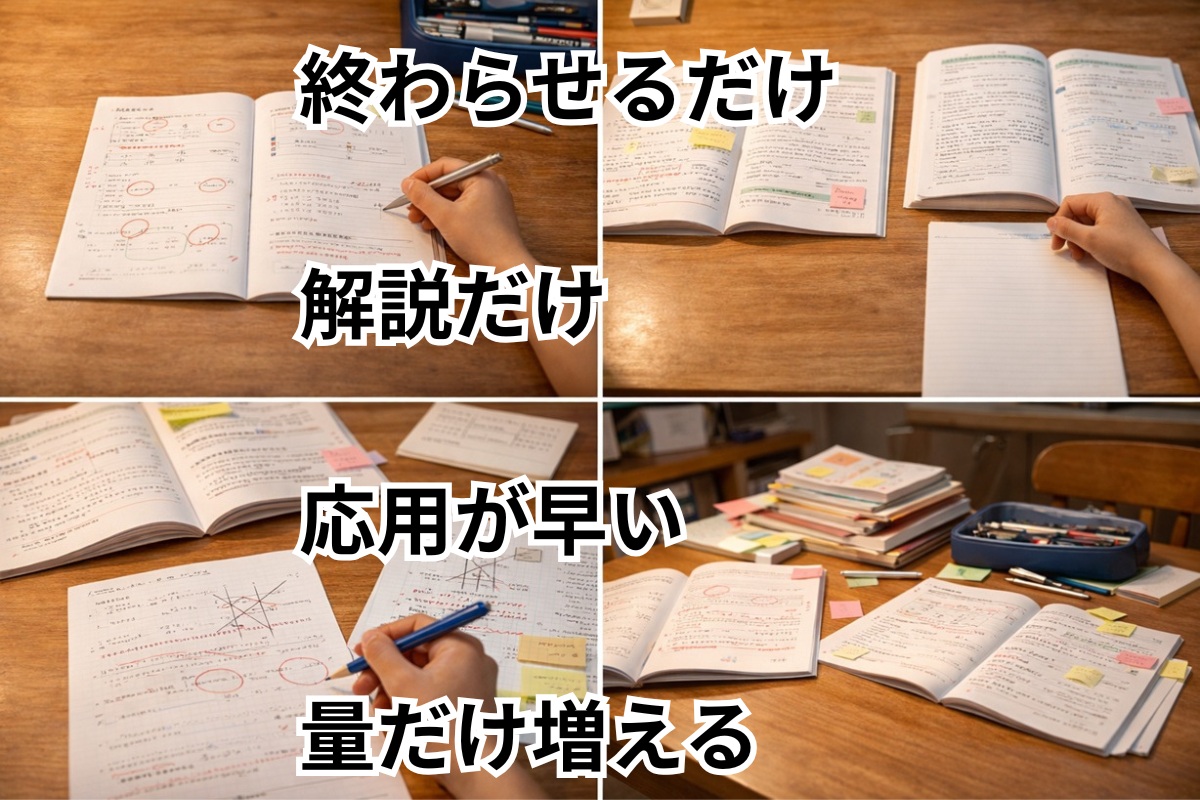 成績が止まる家庭に多い4つの順番のズレ方を表した机上イメージ