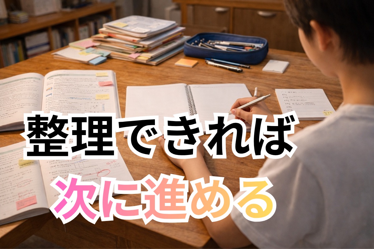 原因を整理して次の一歩を始めようとしている中学生の明るい家庭学習机