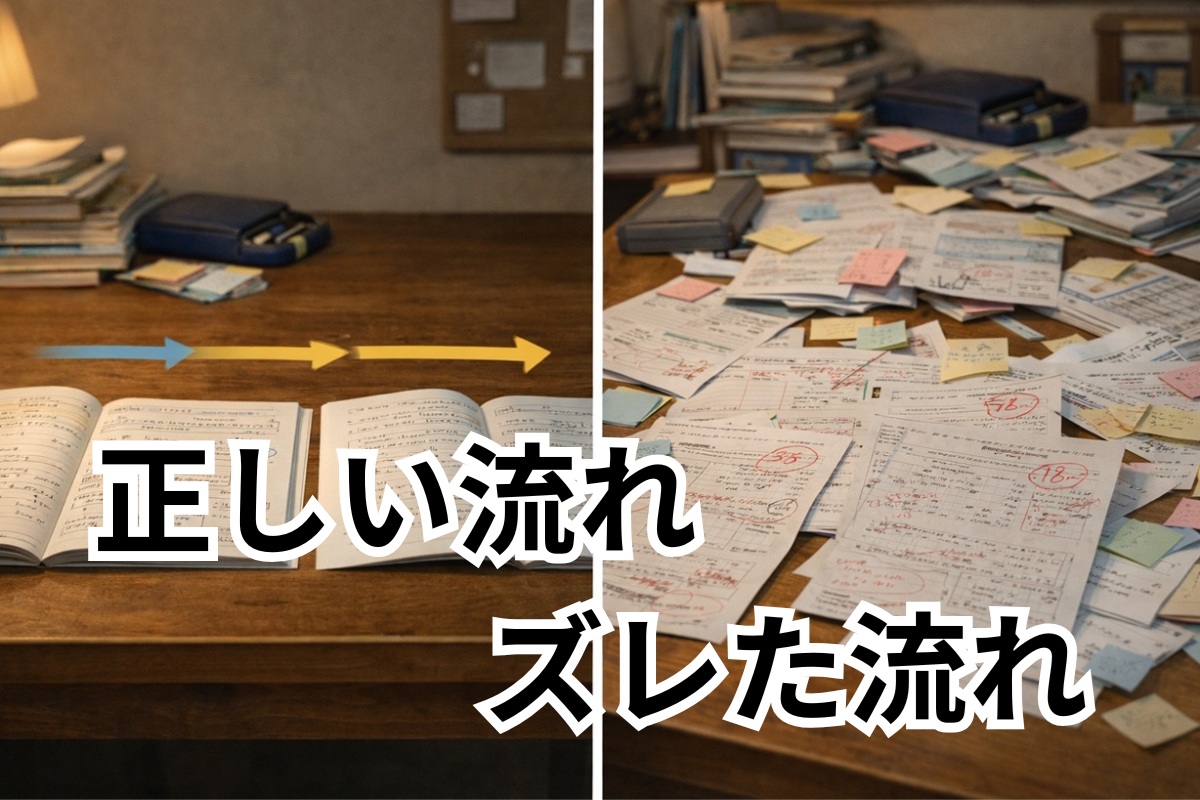 正しい学習の流れとズレた学習の流れを比較した机上イメージ