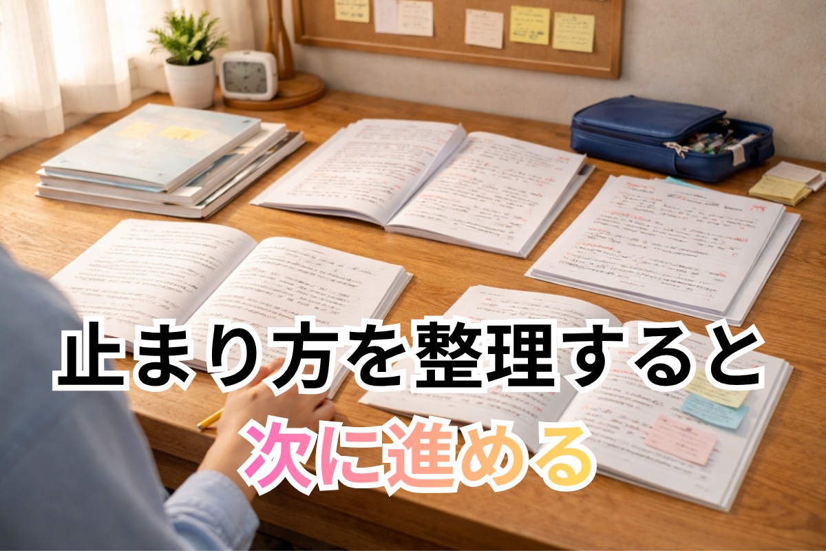 学習の止まり方を整理して次の一歩を始めようとする中学生の机