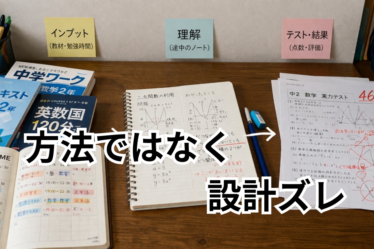 勉強量はあるのに進み方の設計がつながっていない学習机のイメージ