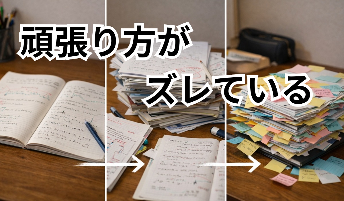 よくある勉強法のズレを3つの机上構図で示したイメージ