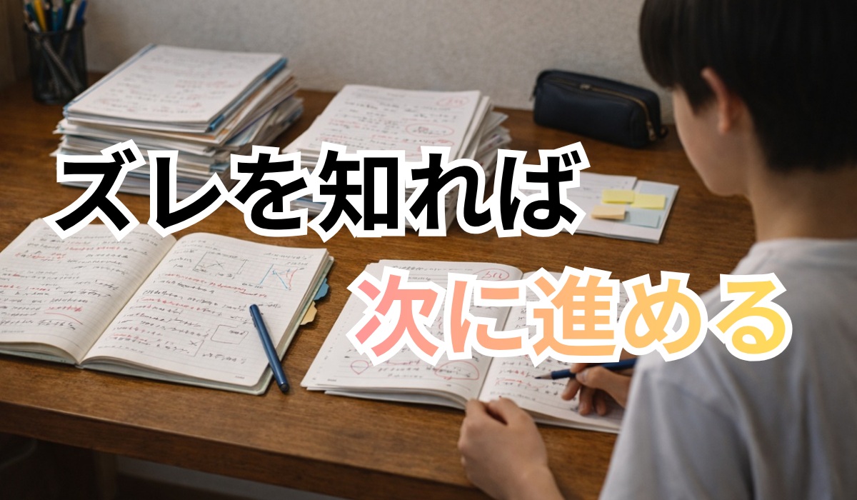 学習のズレを整理して次の一歩を始めようとしている中学生の机