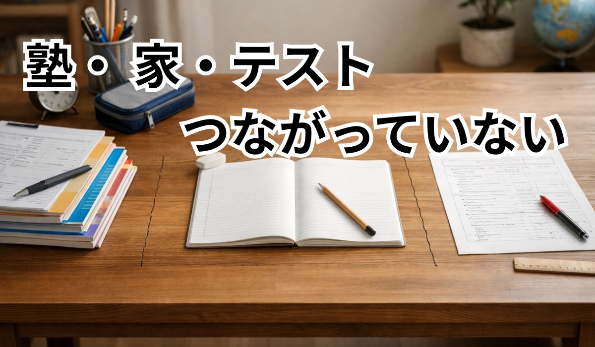 塾学習と家庭学習とテストがつながっていない状態を表した机上イメージ