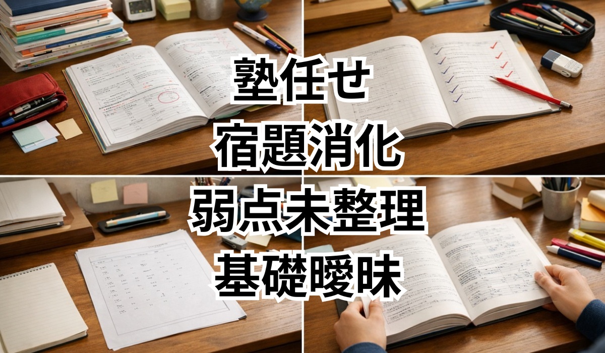 塾任せや宿題消化など成績が伸びない空回りパターンを表した学習机の比較イメージ