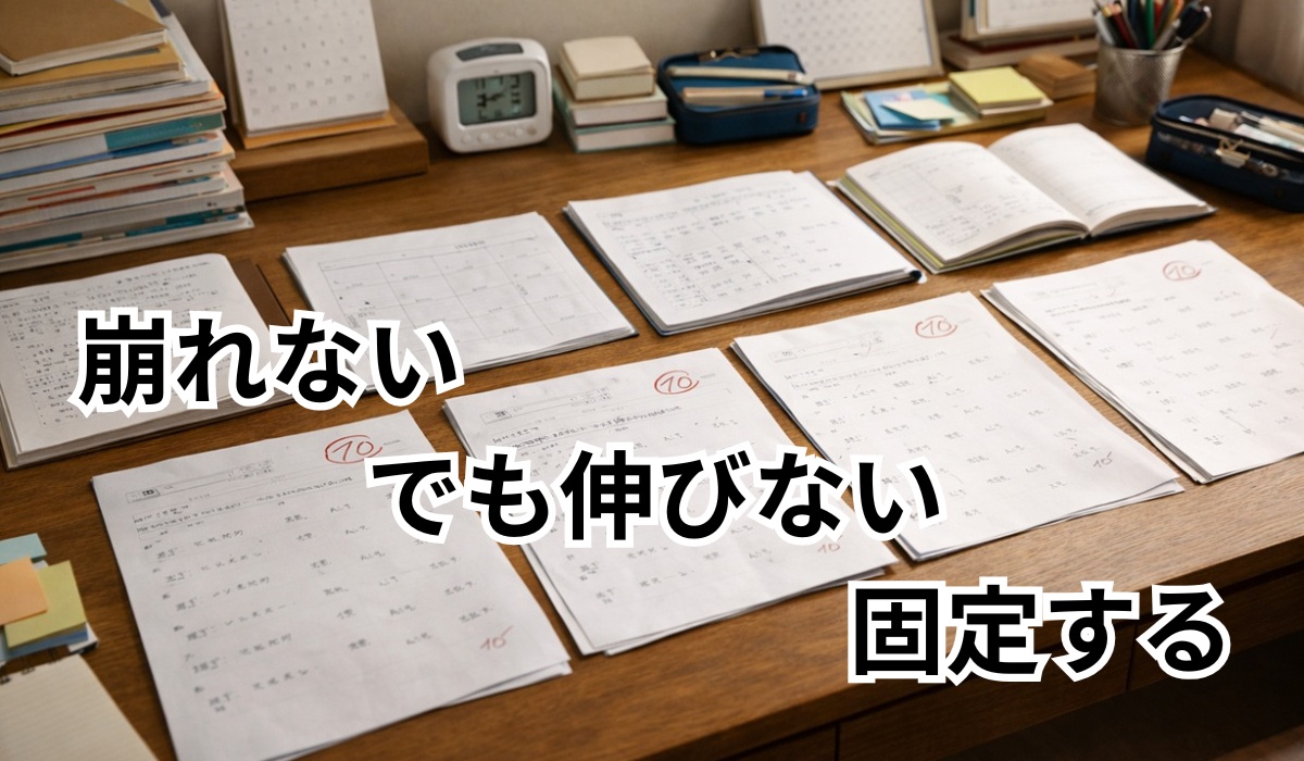 努力しているのに同じ点数帯で停滞が続く様子を表した学習机のイメージ