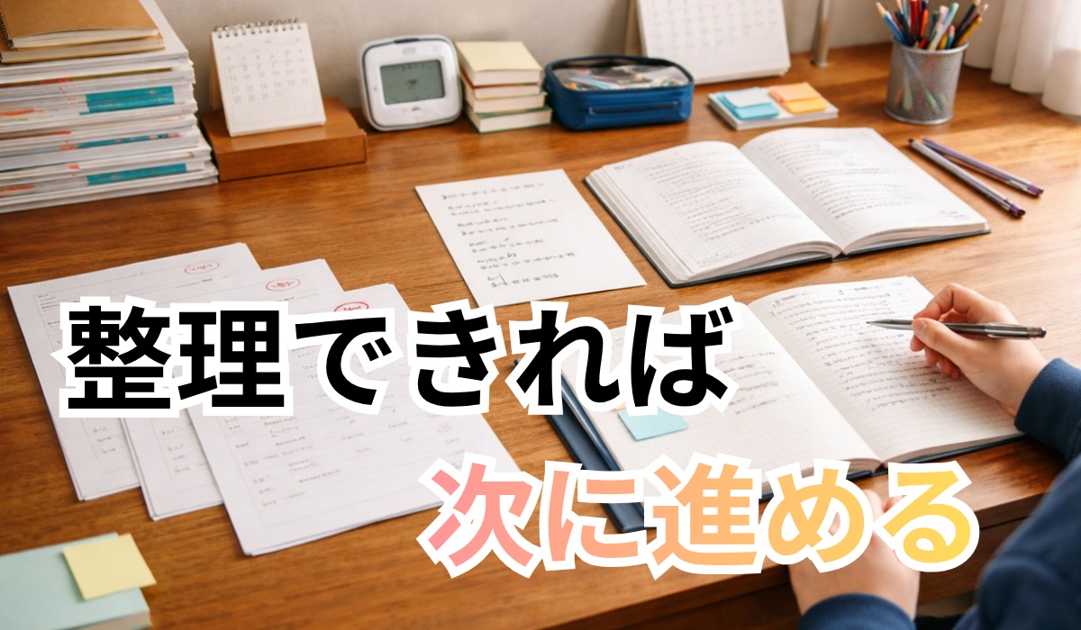 学習のズレを整理して次の一歩を始めようとしている中学生の机上風景