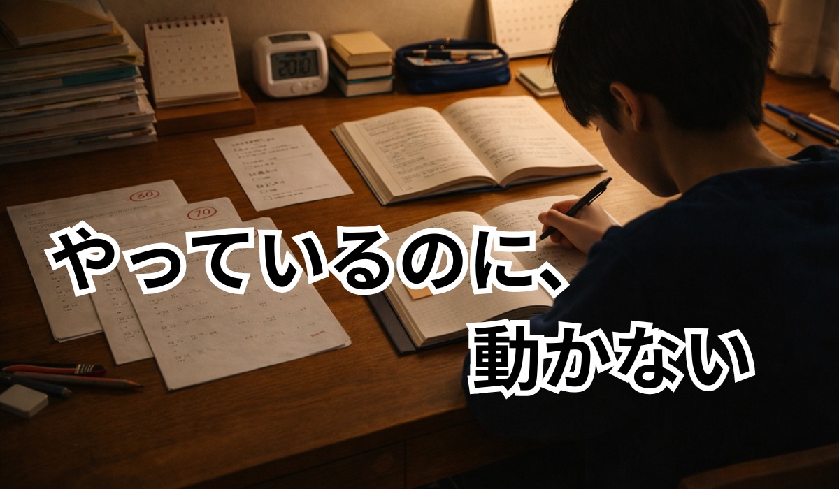 中学生が家で真面目に勉強しているが成果が出ない様子
