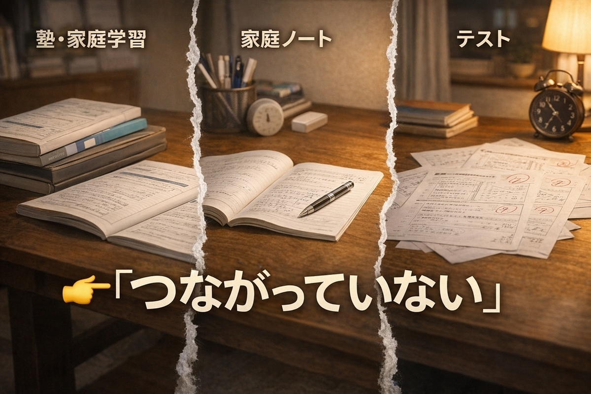 塾・家庭学習・テストがつながっていない学習状態のイメージ