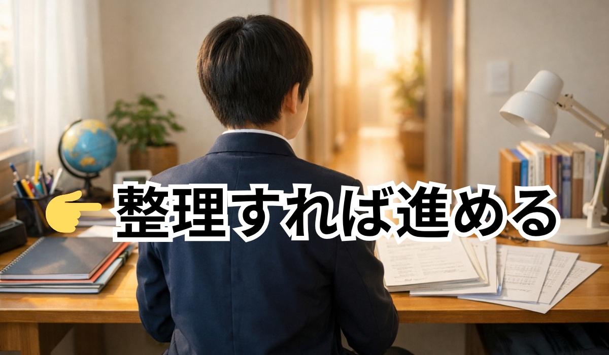 整理された学習環境で次の一歩を踏み出そうとする中学生