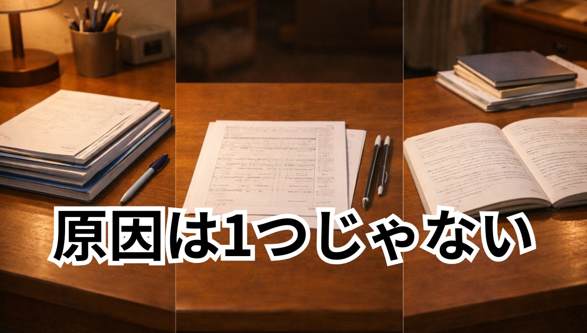 提出物・テスト・授業態度の3つのズレを示す学習机のイメージ