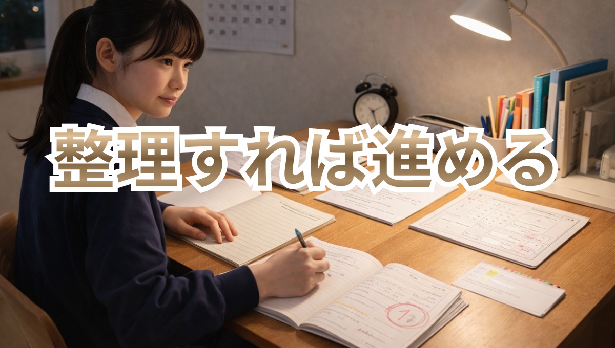 整理された学習環境で次の一歩を踏み出そうとする中学生