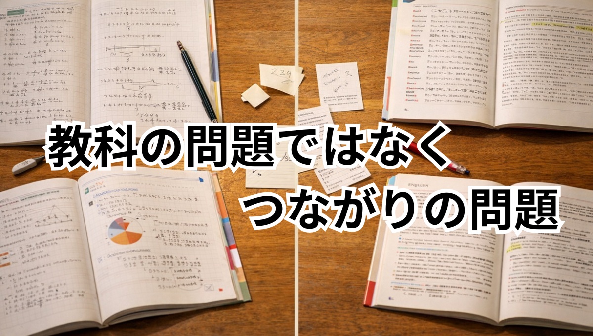 数学と英語を勉強しているのに学習のつながりが噛み合っていない家庭学習机の様子