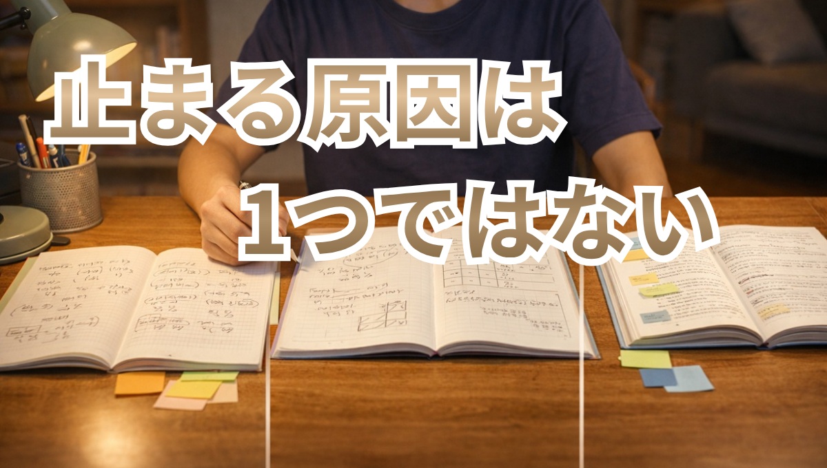 数学が伸びない3つの原因を連想させる学習机の構図