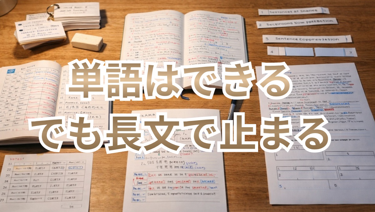 単語帳と文法ノートと長文問題が並ぶ英語学習机の様子