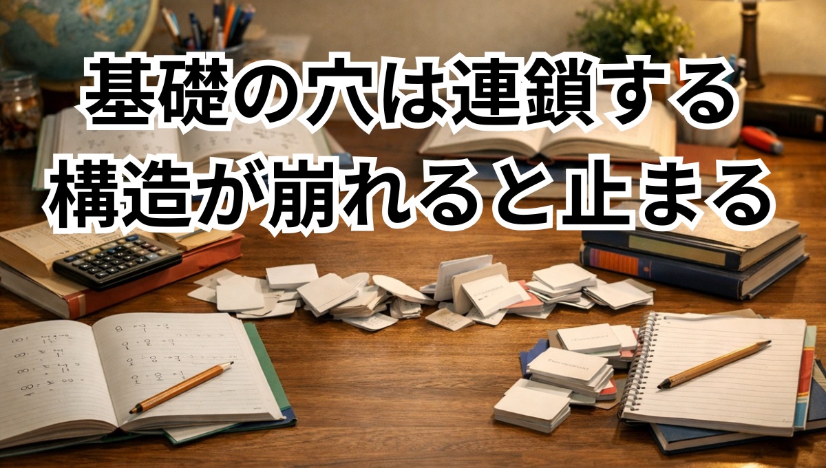 数学と英語の学習が途中でつながらなくなっている机上イメージ