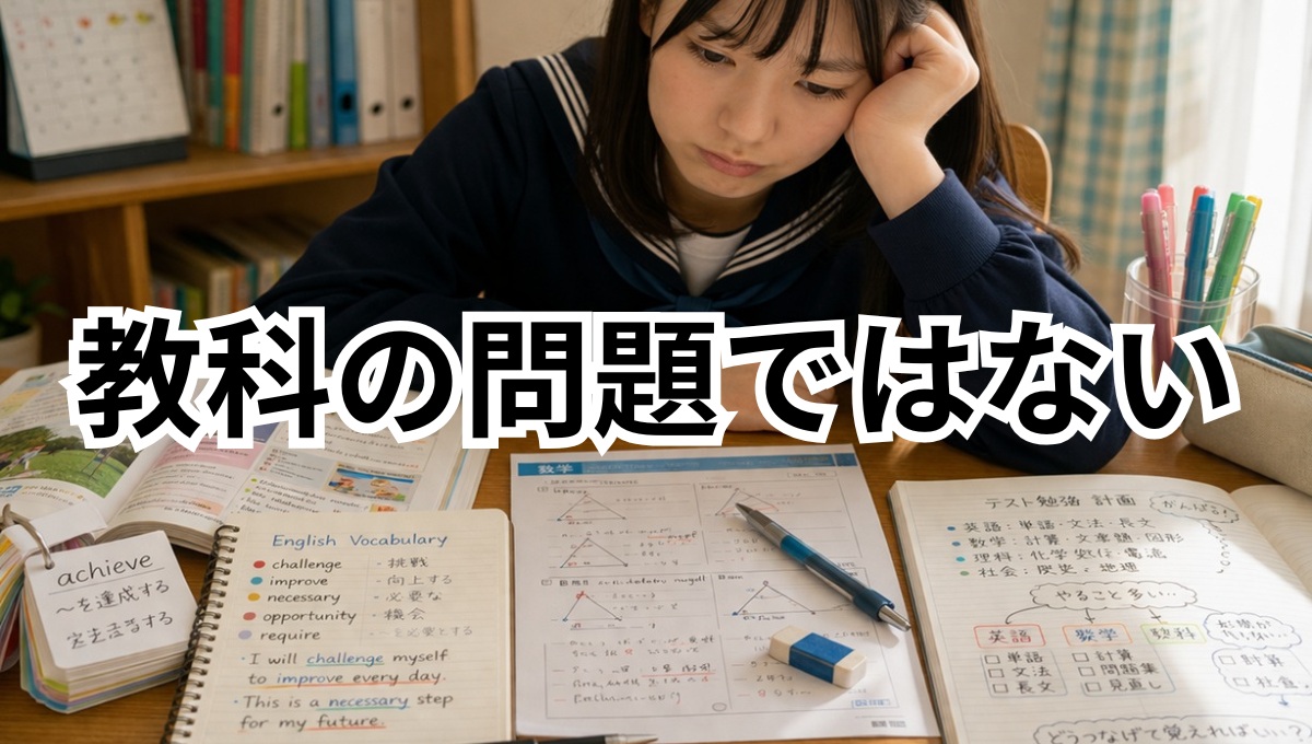 英語と数学の学習がつながっていない状態の机