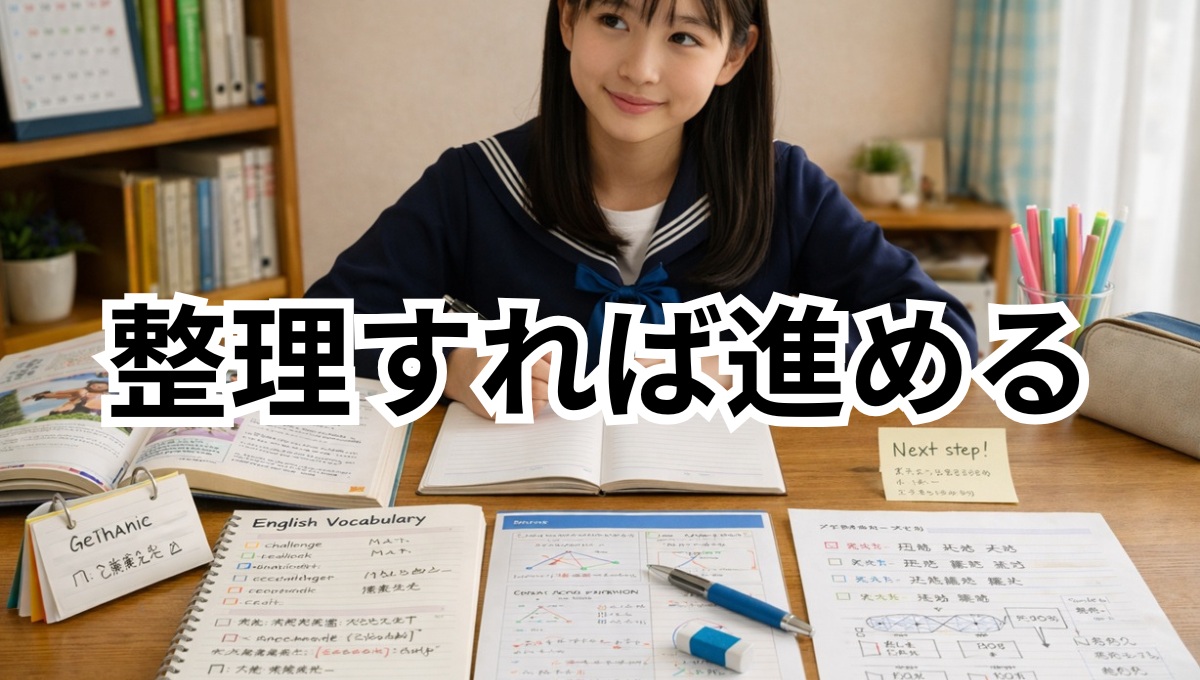 整理された学習環境で次の一歩を踏み出そうとする中学生