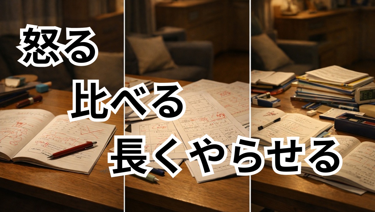 怒る・比較する・長時間やらせるという家庭で起きやすい3つの対応を表したイメージ