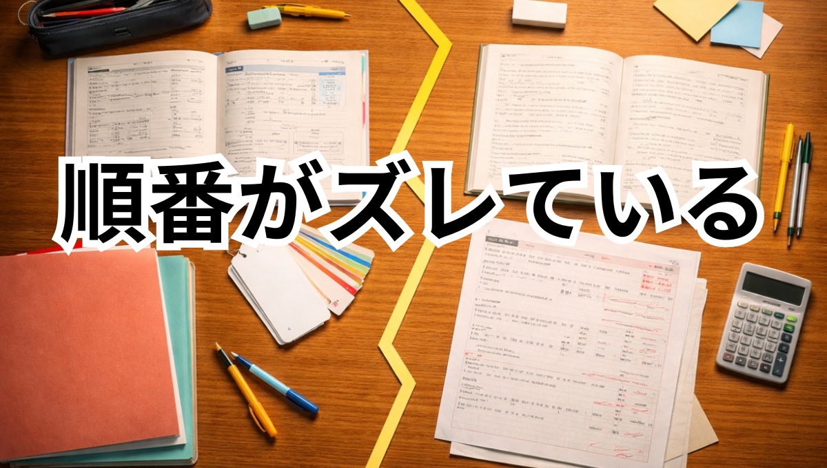 学習はしているが順番がつながっていない家庭学習机