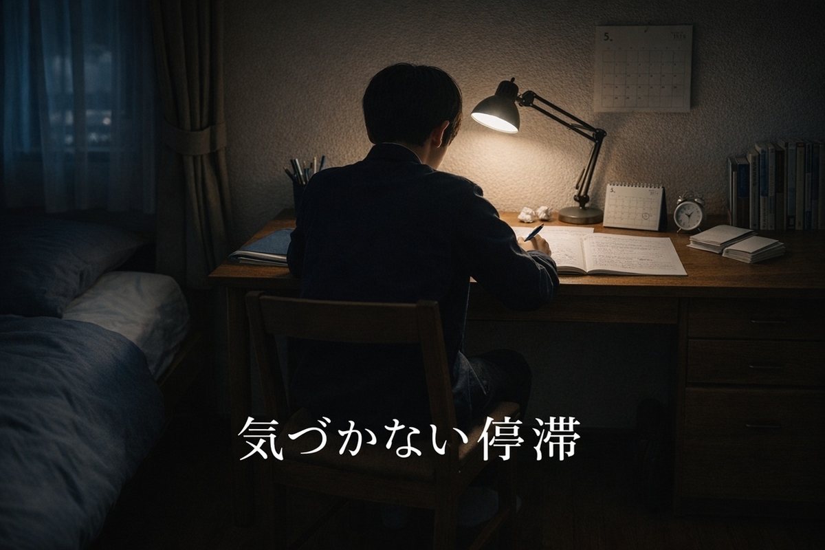 夜に一人で勉強しているが変化がない中学生