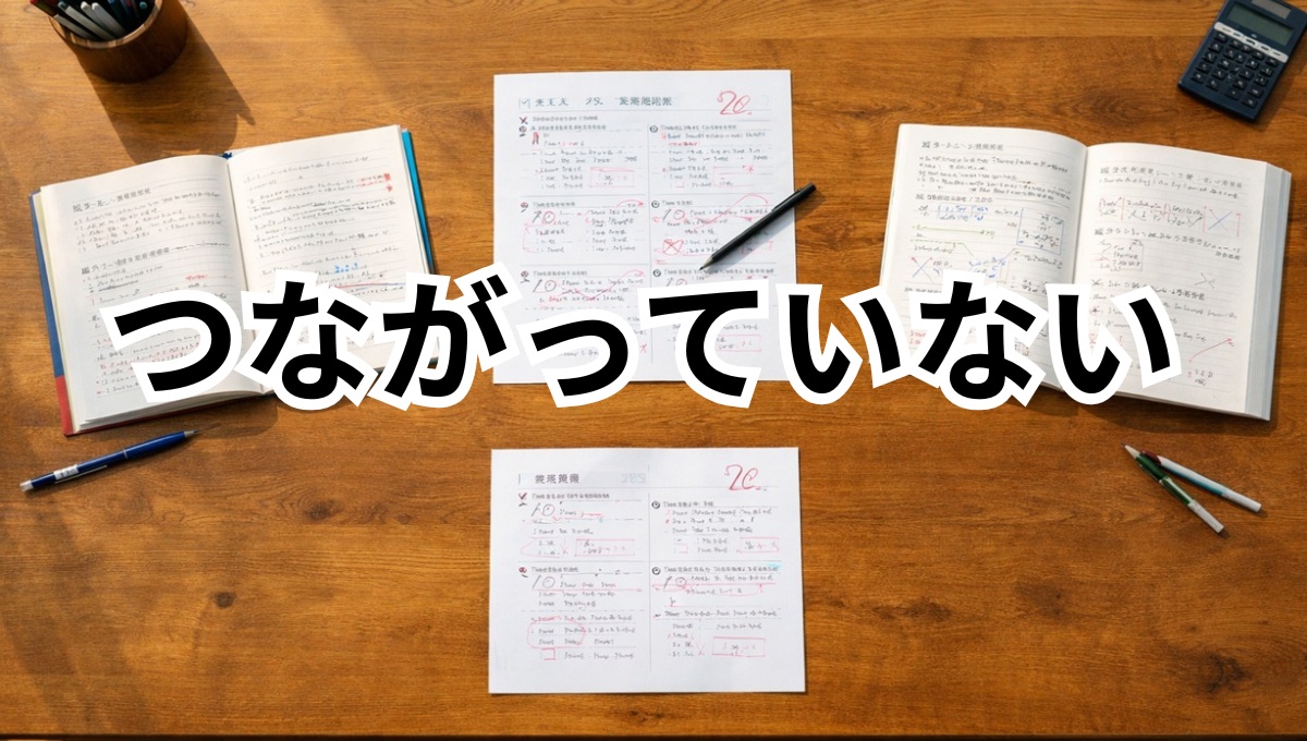 基礎と応用がつながっていない学習状態の机