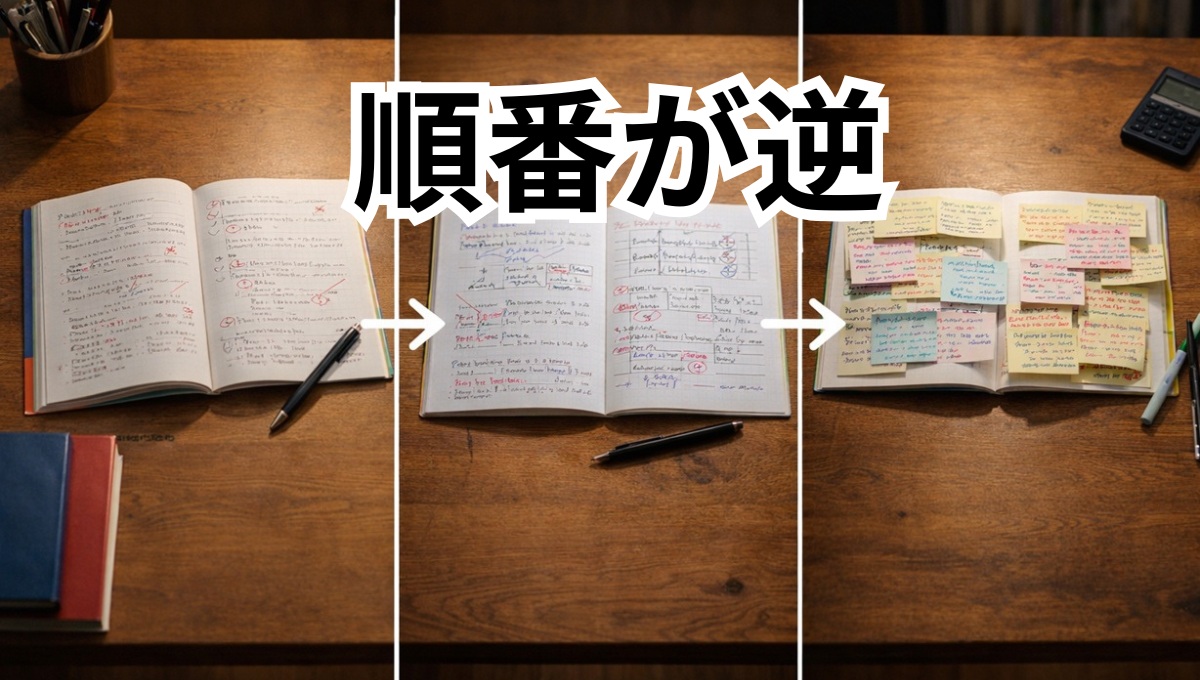 勉強の順番が間違っている状態を示す机