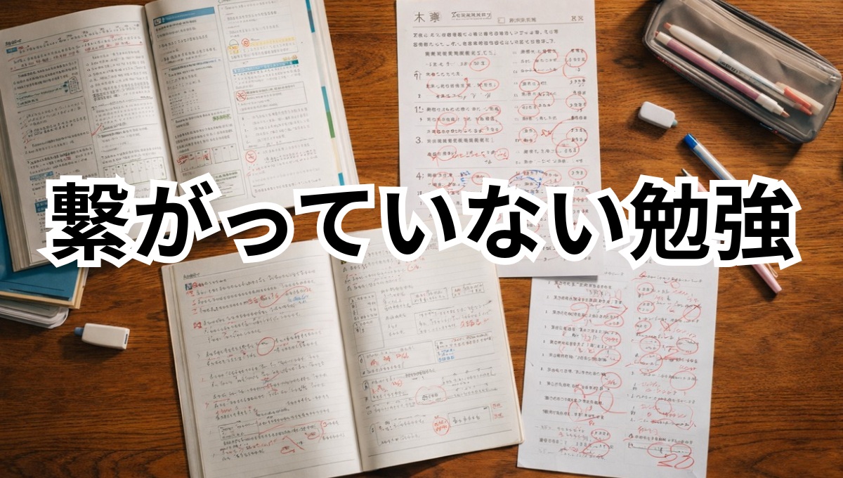 勉強しているが整理されていない学習机