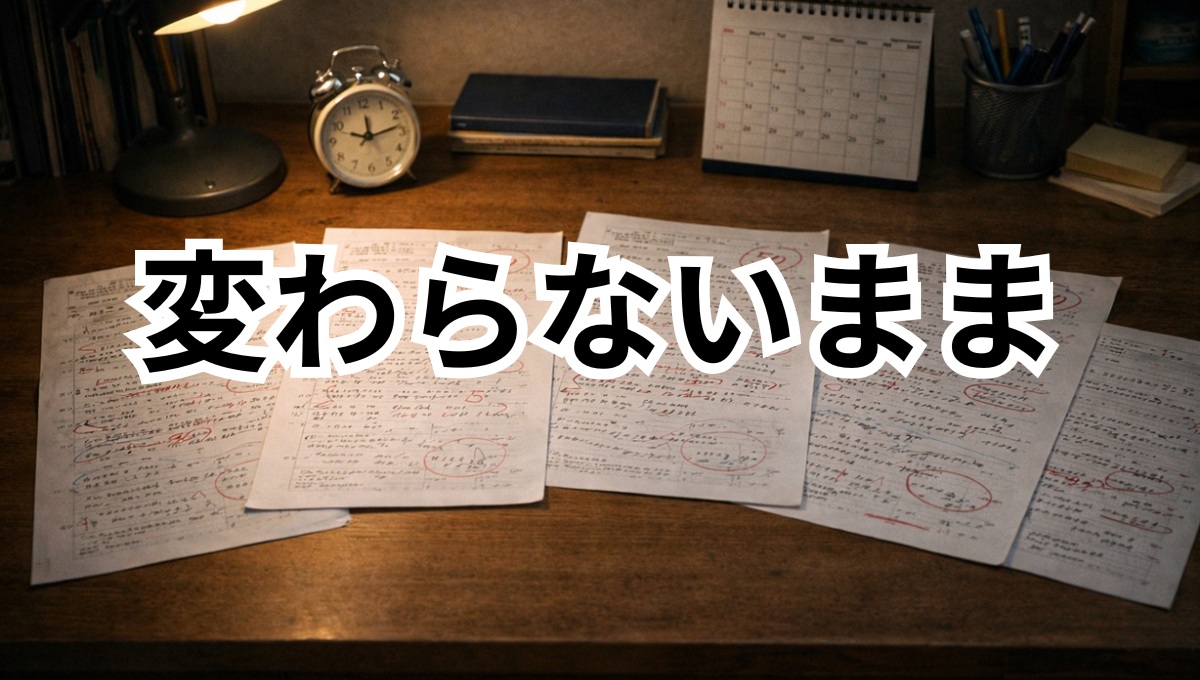 同じ点数のテストが続いている机と時間経過